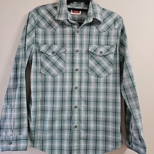 Wrangler Button Shirt Men's Small Green Plaid Slim Fit Western